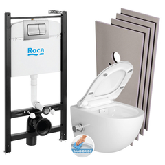 Roca Pack Bâti-support Roca Active + WC sans bride avec fonction bidet et fixations invisibles + plaque chrome mat + Set d'habillage