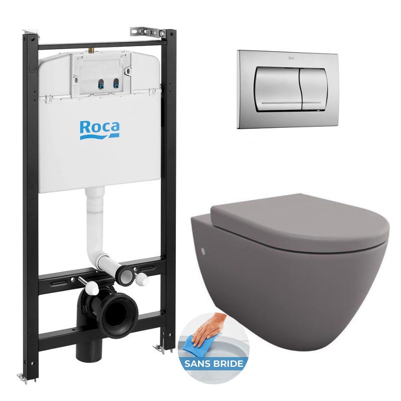 Roca Pack Bâti-support Roca Active + WC sans bride gris mat et fixations invisibles + plaque chrome mat (RocaActiveGreyBello-2) 0