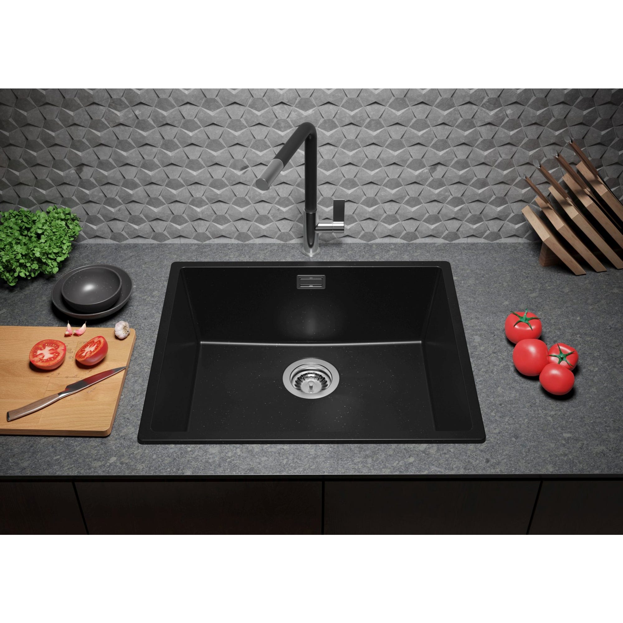 Evier Cuisine en Granit Noir Metallic, 56 x 47 cm, Lavabo 1 bac + Kit de Vidage, Évier à Encastrer London 60 Slim de Primagran 2
