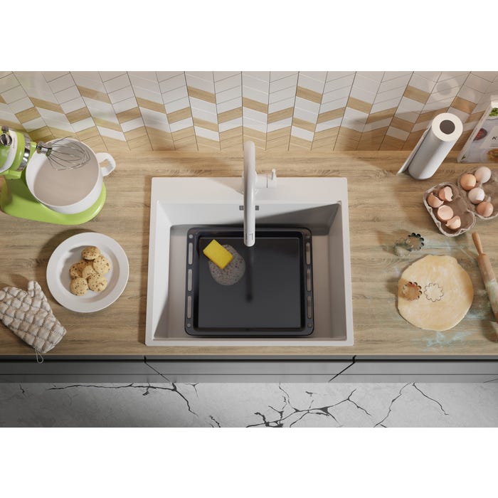 Evier Cuisine en Granit Blanc, 58 x 50 cm, Lavabo 1 bac + Kit de Vidage, Évier à Encastrer Oslo 60 Top de Primagran 7