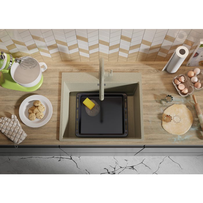 Evier Cuisine en Granit Beige, 58 x 50 cm, Lavabo 1 bac + Kit de Vidage, Évier à Encastrer Oslo 60 Top de Primagran 7