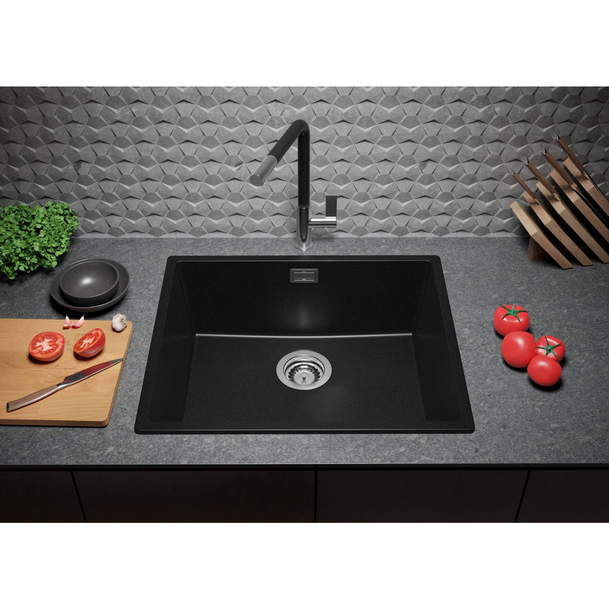 Evier Cuisine en Granit Noir, 56 x 47 cm, Lavabo 1 bac + Kit de Vidage, Évier à Encastrer de Primagran 2