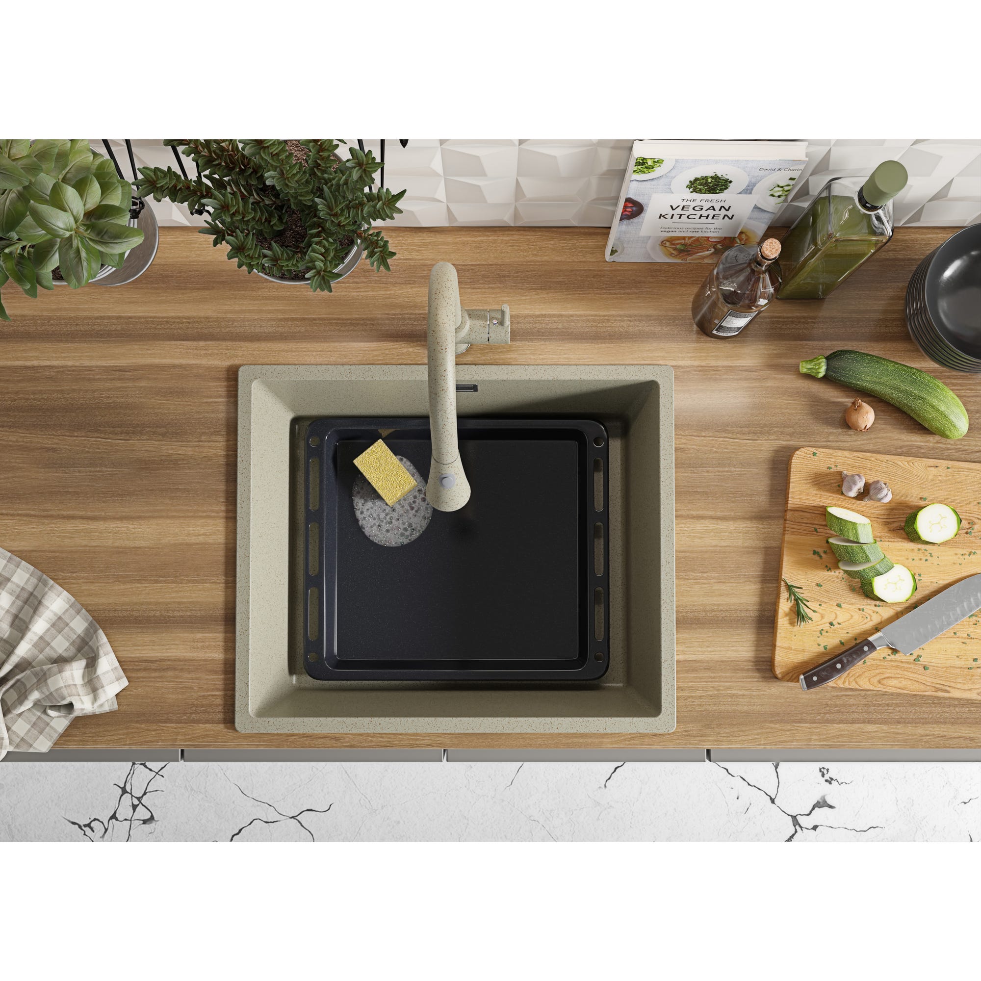 Evier Cuisine en Granit Beige, 56 x 47 cm, Lavabo 1 bac + Kit de Vidage, Évier à Encastrer de Primagran 3