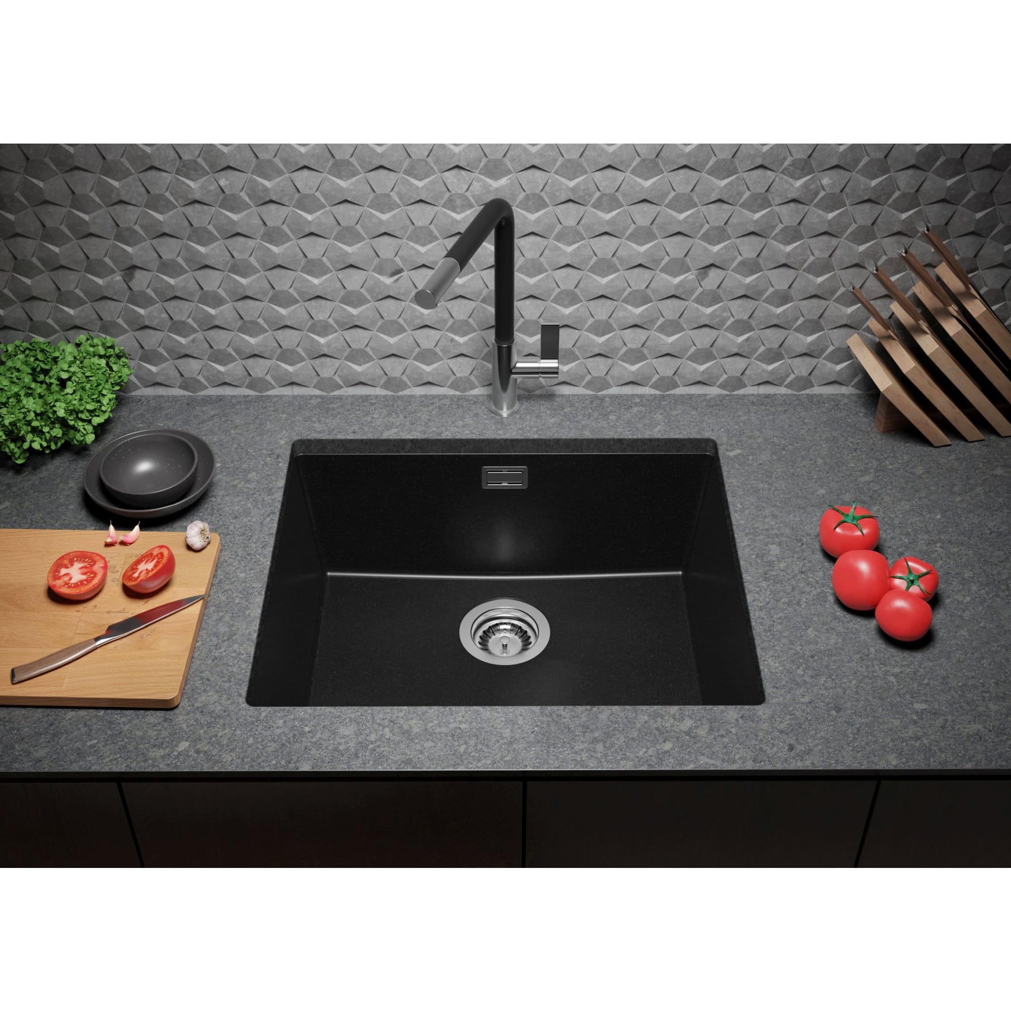 Evier Sous Plan Noir, 56 x 47 cm, Evier en Granit 1 bac + Kit de Vidage, Lavabo Cuisine de Primagran 2