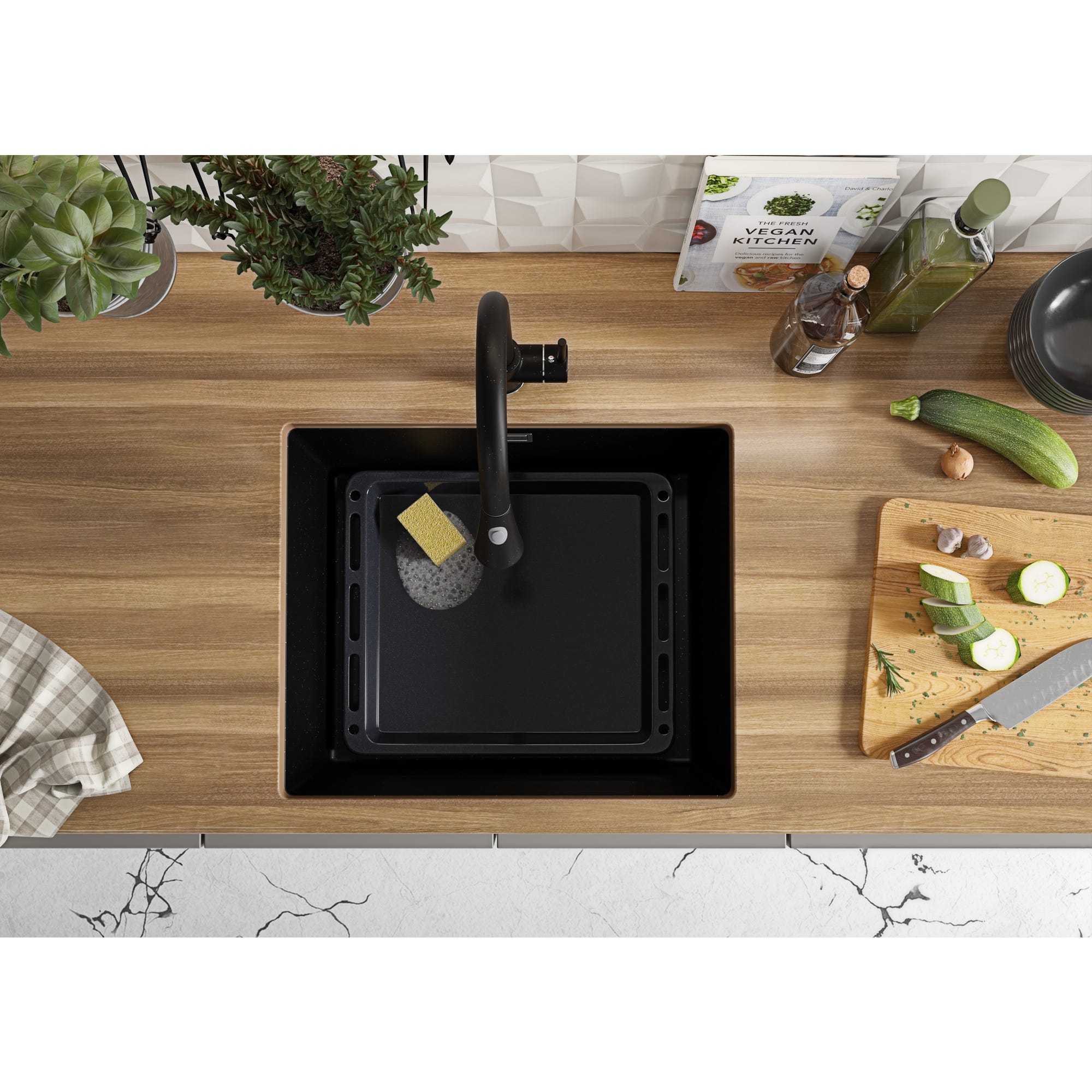 Evier Sous Plan Noir Metallic, 56 x 47 cm, Evier en Granit 1 bac + Kit de Vidage, Lavabo Cuisine de Primagran 3