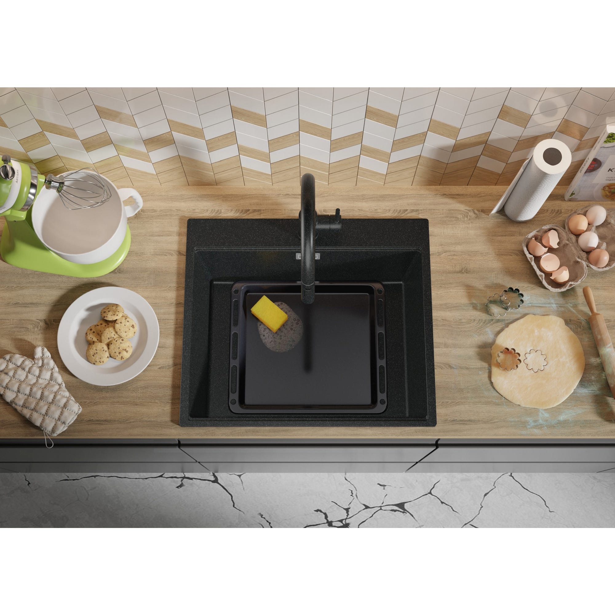 Evier Cuisine en Granit Graphite, 58 x 50 cm, Lavabo 1 bac + Kit de Vidage, Évier à Encastrer Oslo 60 Top de Primagran 7