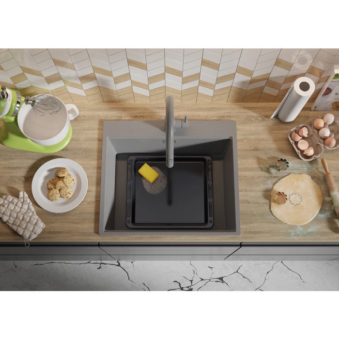 Evier Cuisine en Granit Gris, 58 x 50 cm, Lavabo 1 bac + Kit de Vidage, Évier à Encastrer Oslo 60 Top de Primagran 7