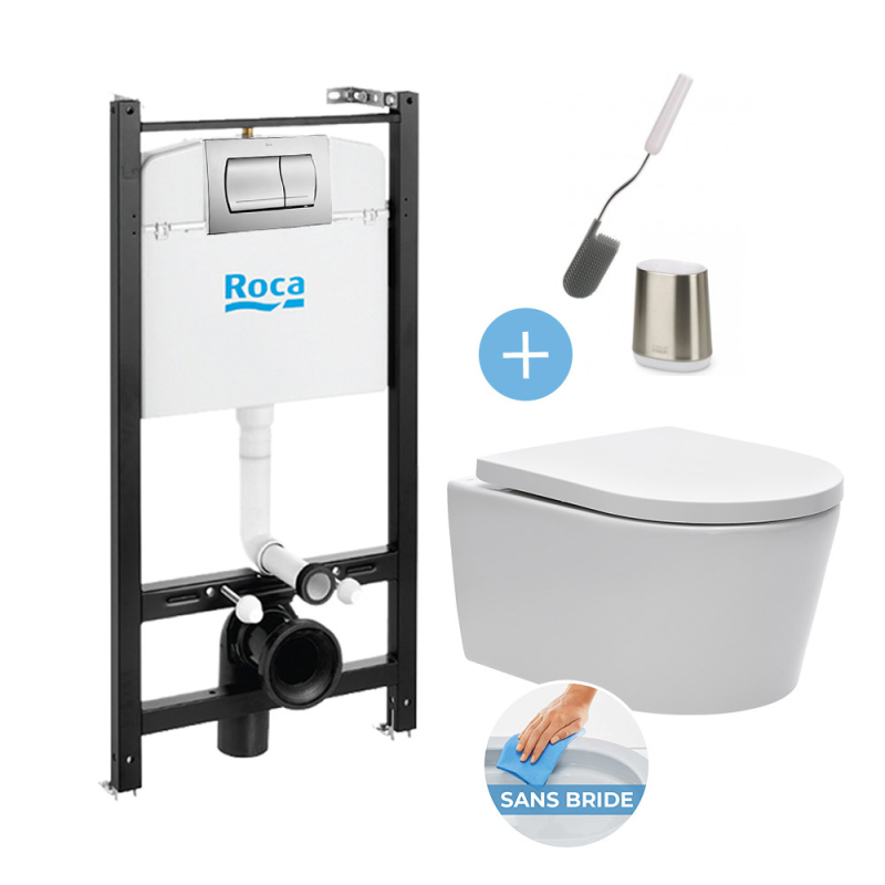 Roca Pack Bâti-support Roca Active + WC sans bride et fixations invisibles + plaque chrome mat + brosse de toilette 0