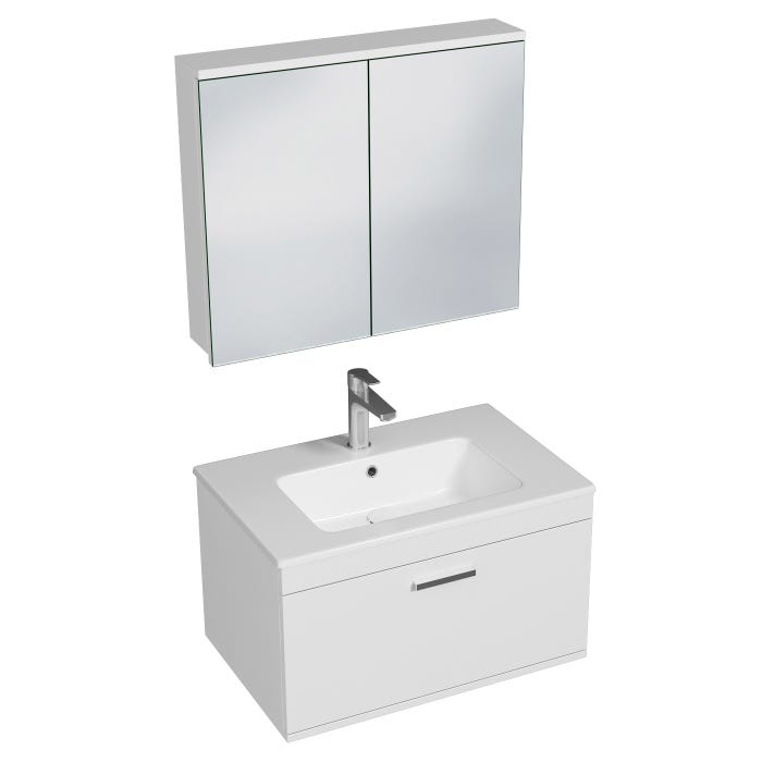 RUBITE Meuble salle de bain simple vasque 1 tiroir blanc largeur 70 cm + miroir armoire 0