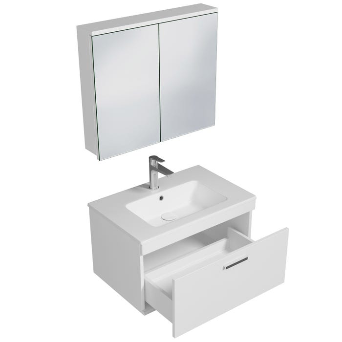 RUBITE Meuble salle de bain simple vasque 1 tiroir blanc largeur 70 cm + miroir armoire 1