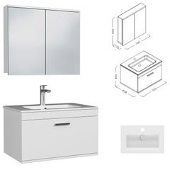 RUBITE Meuble salle de bain simple vasque 1 tiroir blanc largeur 70 cm + miroir armoire 2