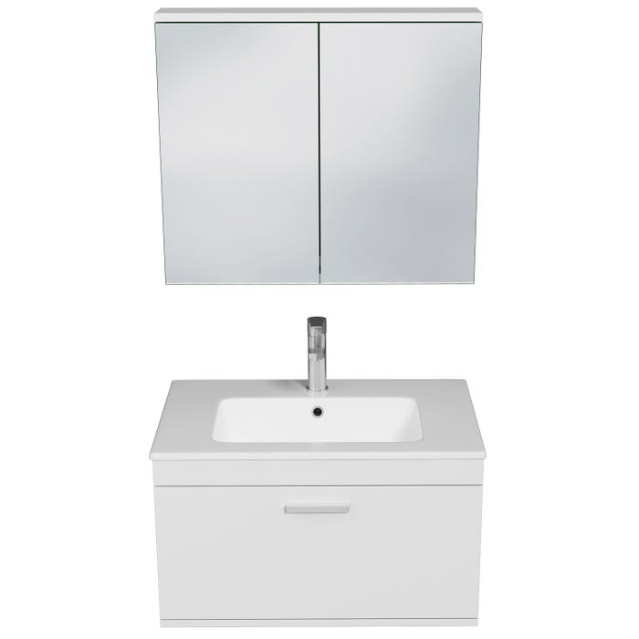 RUBITE Meuble salle de bain simple vasque 1 tiroir blanc largeur 70 cm + miroir armoire 3