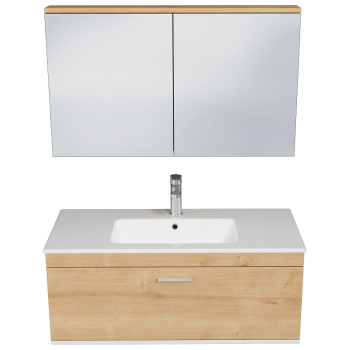 RUBITE Meuble salle de bain simple vasque 1 tiroir chêne clair largeur 100 cm + miroir armoire 3