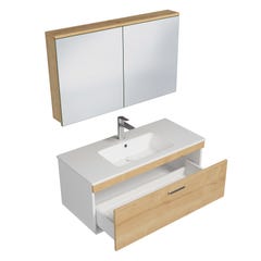 RUBITE Meuble salle de bain simple vasque 1 tiroir chêne clair largeur 100 cm + miroir armoire 1