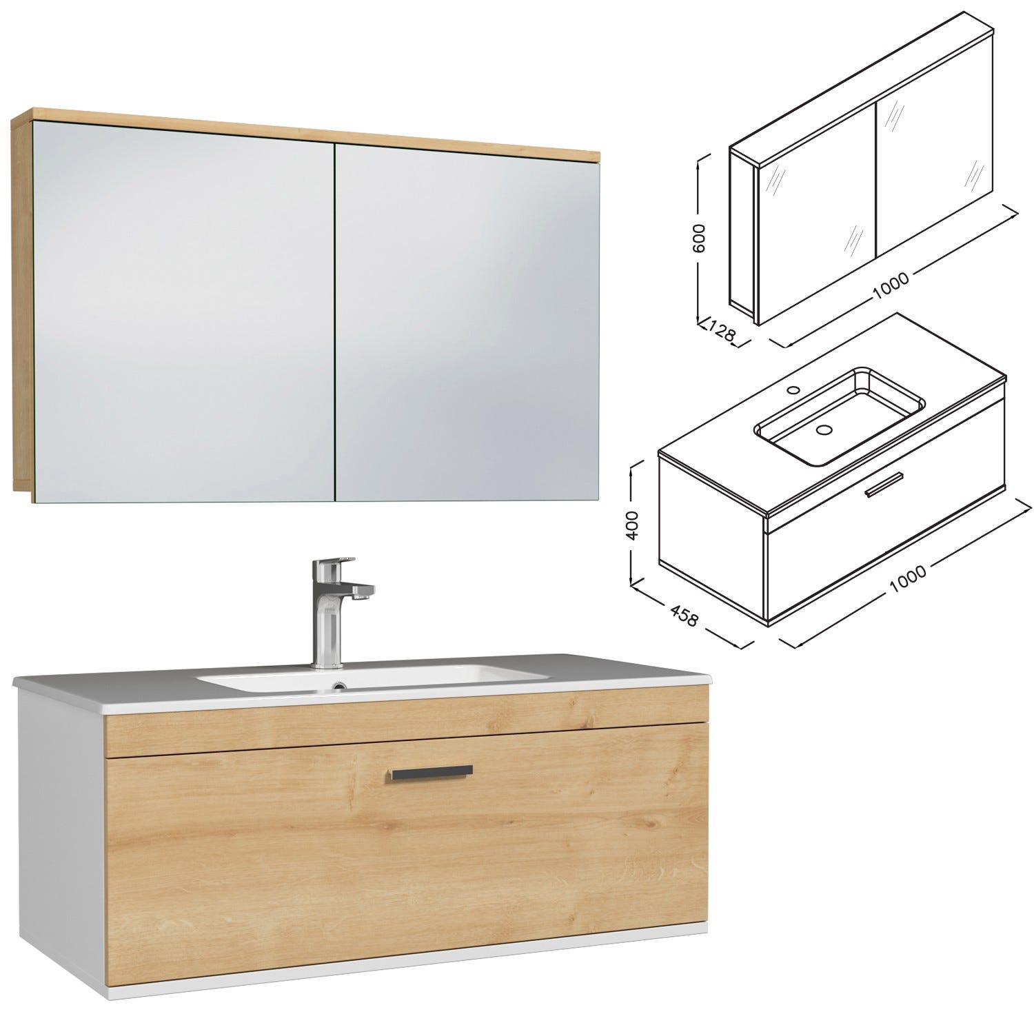 RUBITE Meuble salle de bain simple vasque 1 tiroir chêne clair largeur 100 cm + miroir armoire 2