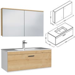RUBITE Meuble salle de bain simple vasque 1 tiroir chêne clair largeur 100 cm + miroir armoire 2