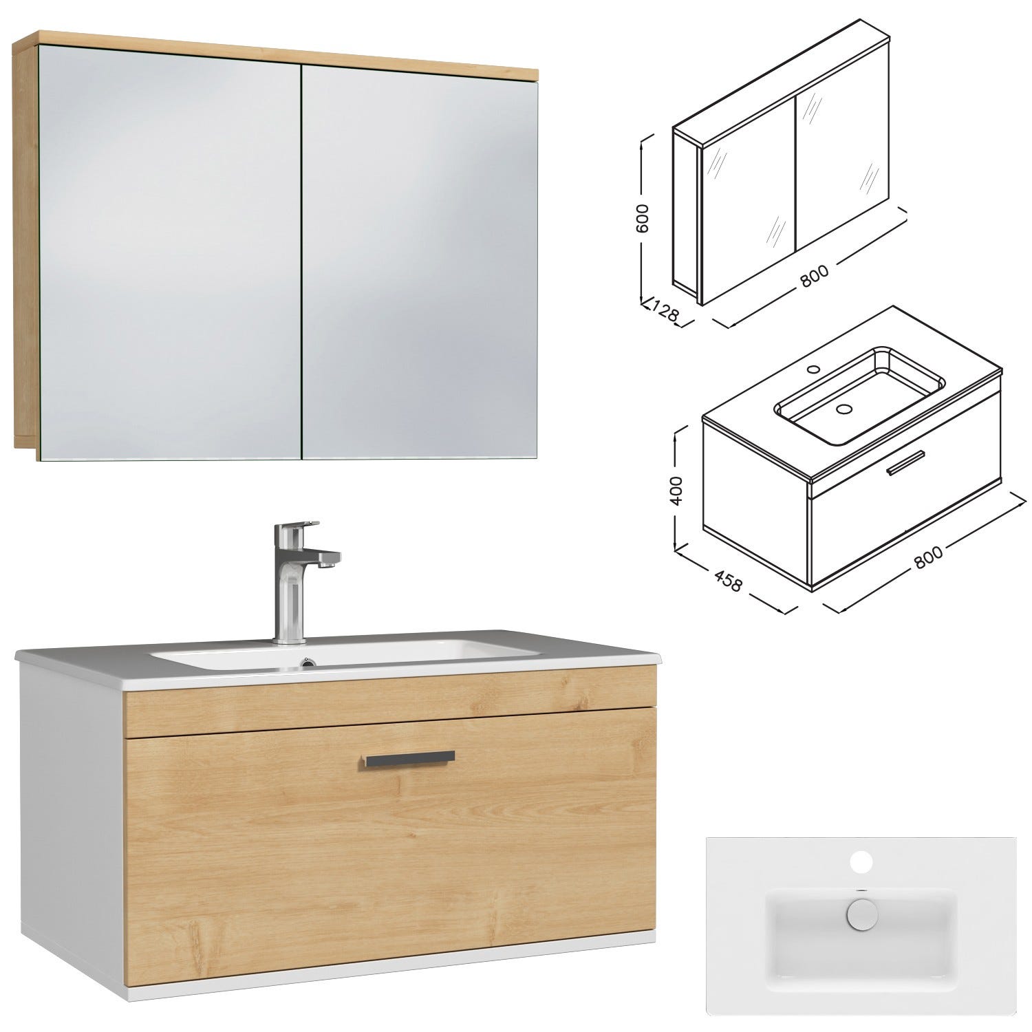 RUBITE Meuble salle de bain simple vasque 1 tiroir chêne clair largeur 80 cm + miroir armoire 2