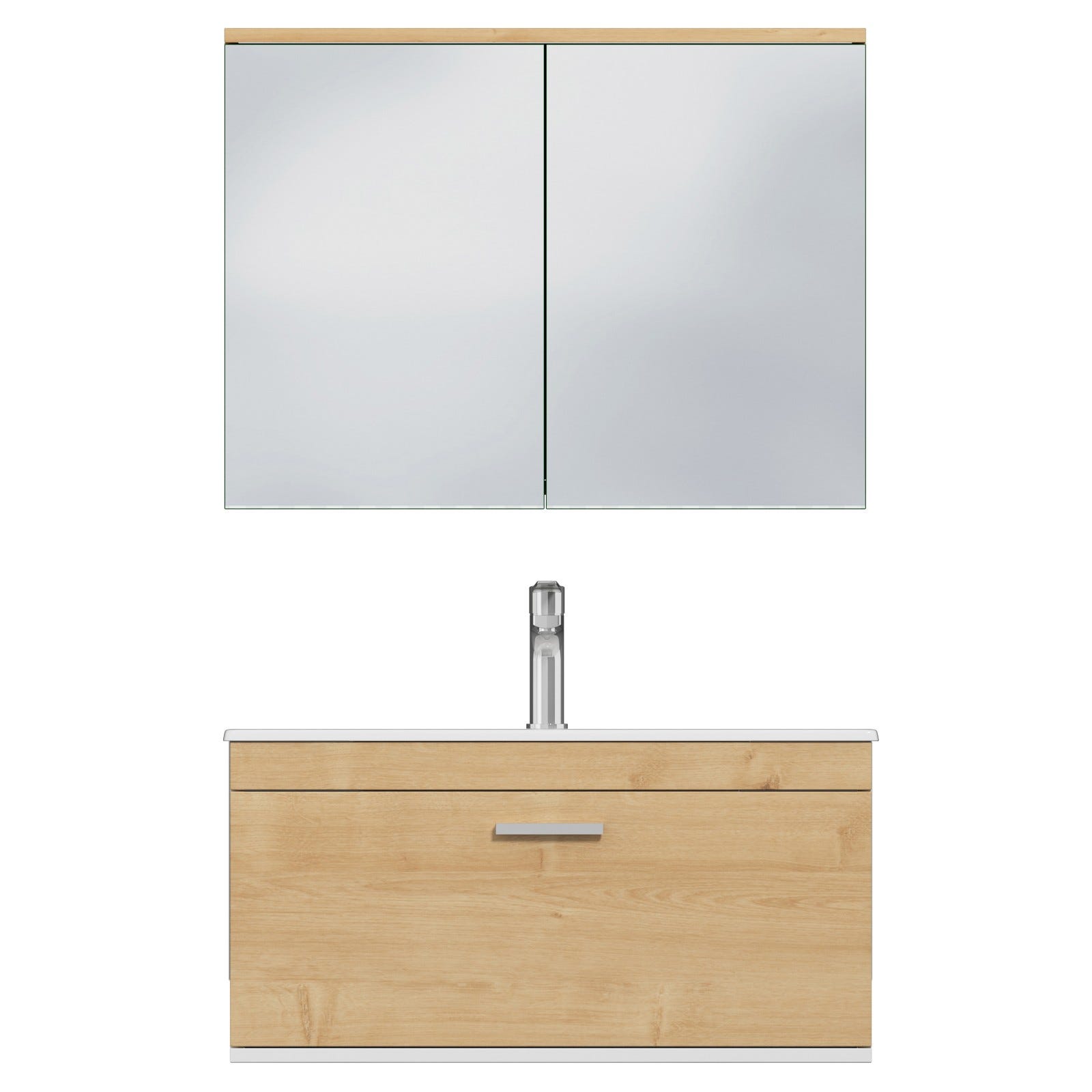 RUBITE Meuble salle de bain simple vasque 1 tiroir chêne clair largeur 80 cm + miroir armoire 4