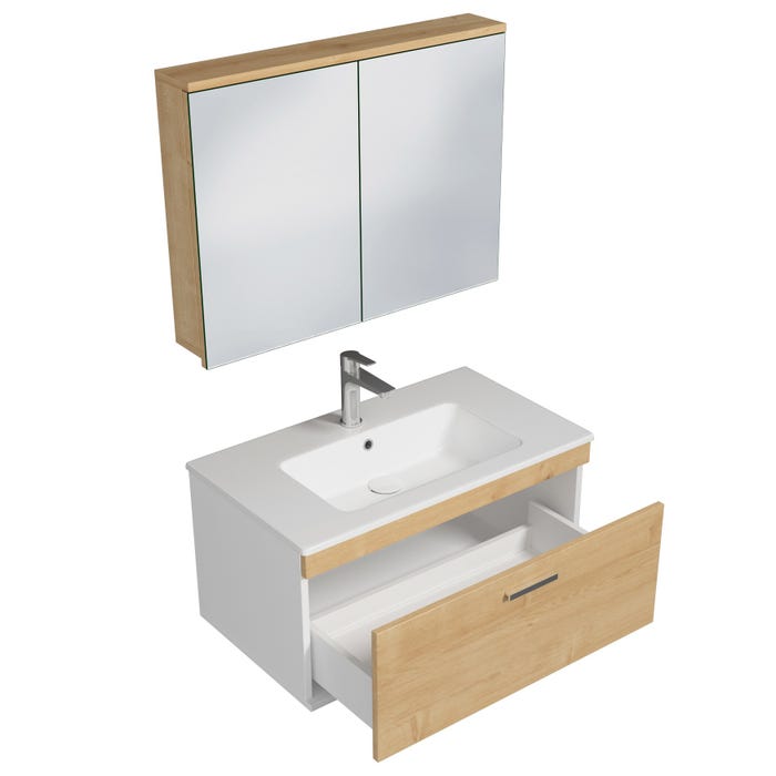 RUBITE Meuble salle de bain simple vasque 1 tiroir chêne clair largeur 80 cm + miroir armoire 1