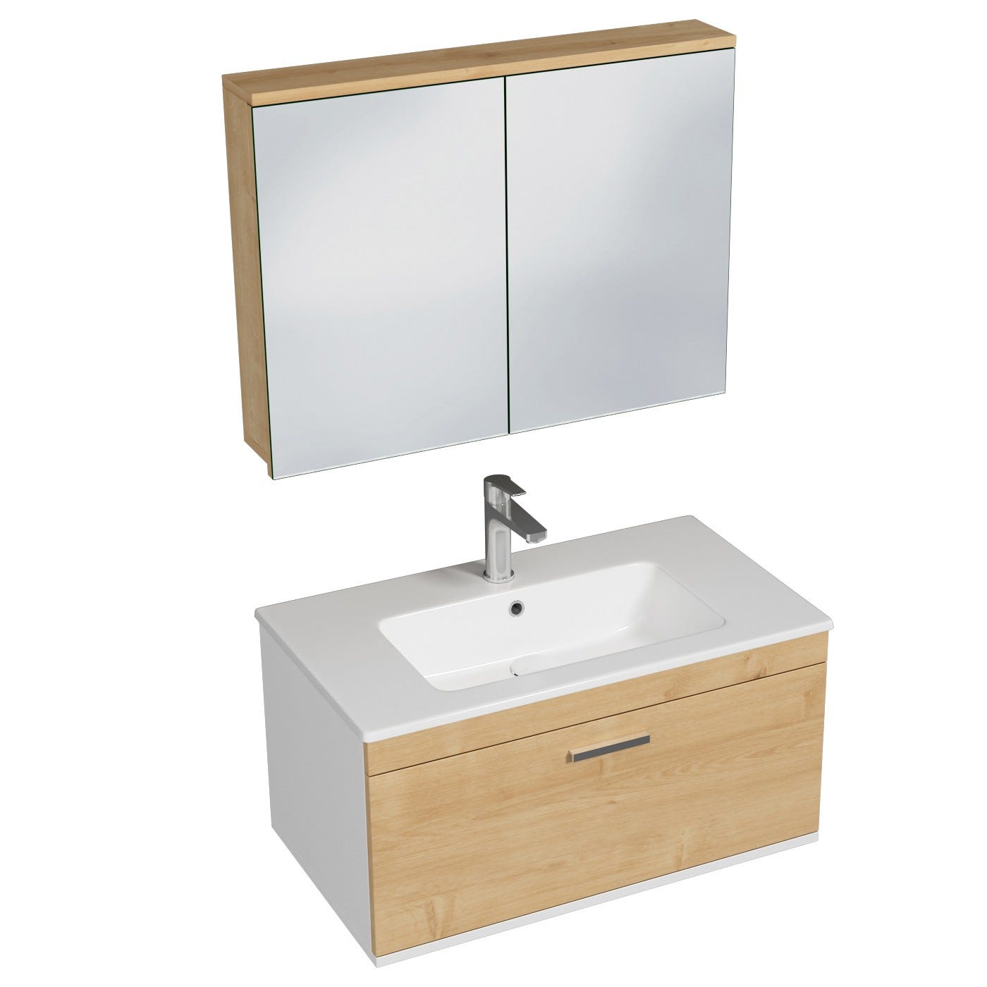 RUBITE Meuble salle de bain simple vasque 1 tiroir chêne clair largeur 80 cm + miroir armoire 0