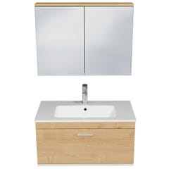 RUBITE Meuble salle de bain simple vasque 1 tiroir chêne clair largeur 80 cm + miroir armoire 3
