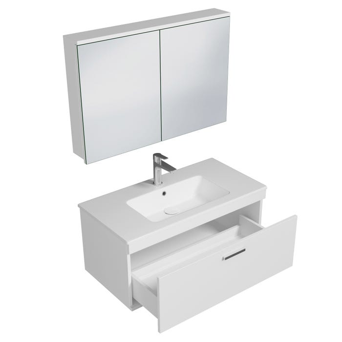 RUBITE Meuble salle de bain simple vasque 1 tiroir blanc largeur 90 cm + miroir armoire 1