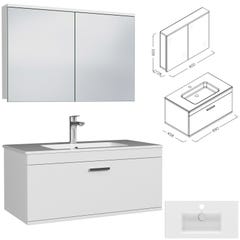 RUBITE Meuble salle de bain simple vasque 1 tiroir blanc largeur 90 cm + miroir armoire 2