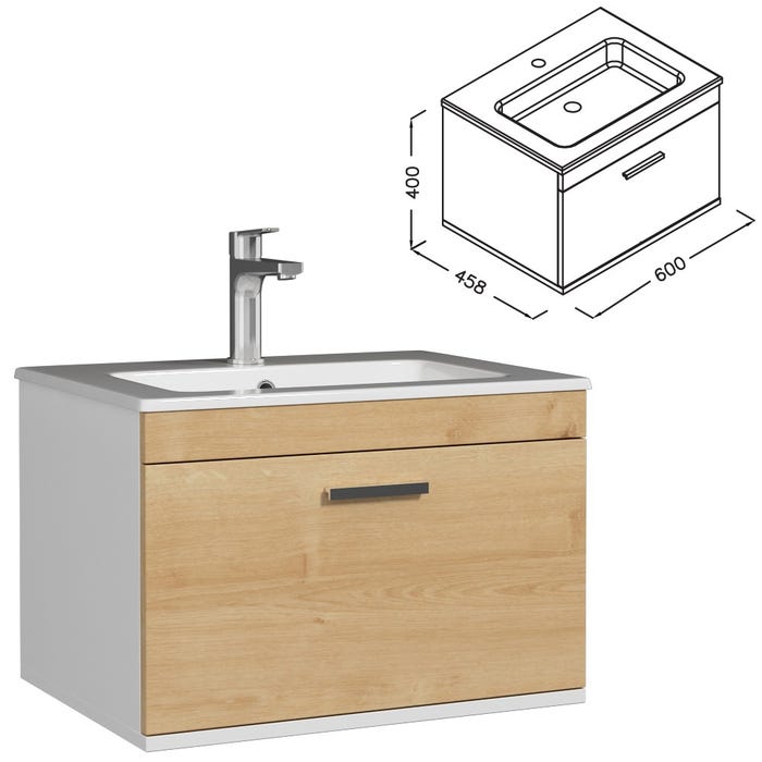 RUBITE Meuble salle de bain simple vasque 1 tiroir chêne clair largeur 60 cm 3