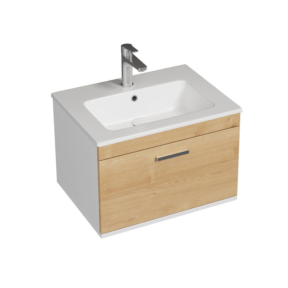 RUBITE Meuble salle de bain simple vasque 1 tiroir chêne clair largeur 60 cm 1