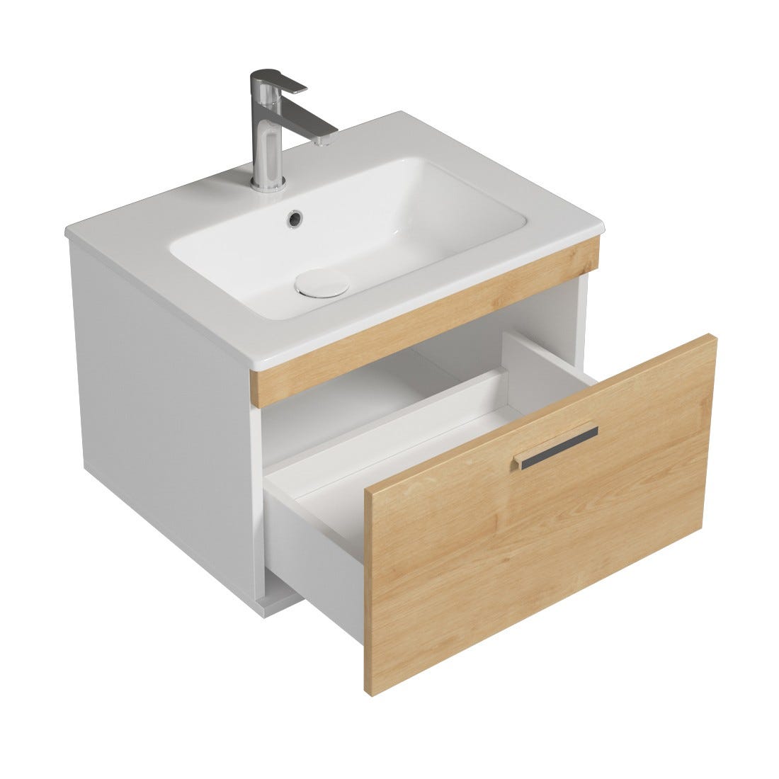 RUBITE Meuble salle de bain simple vasque 1 tiroir chêne clair largeur 60 cm 2
