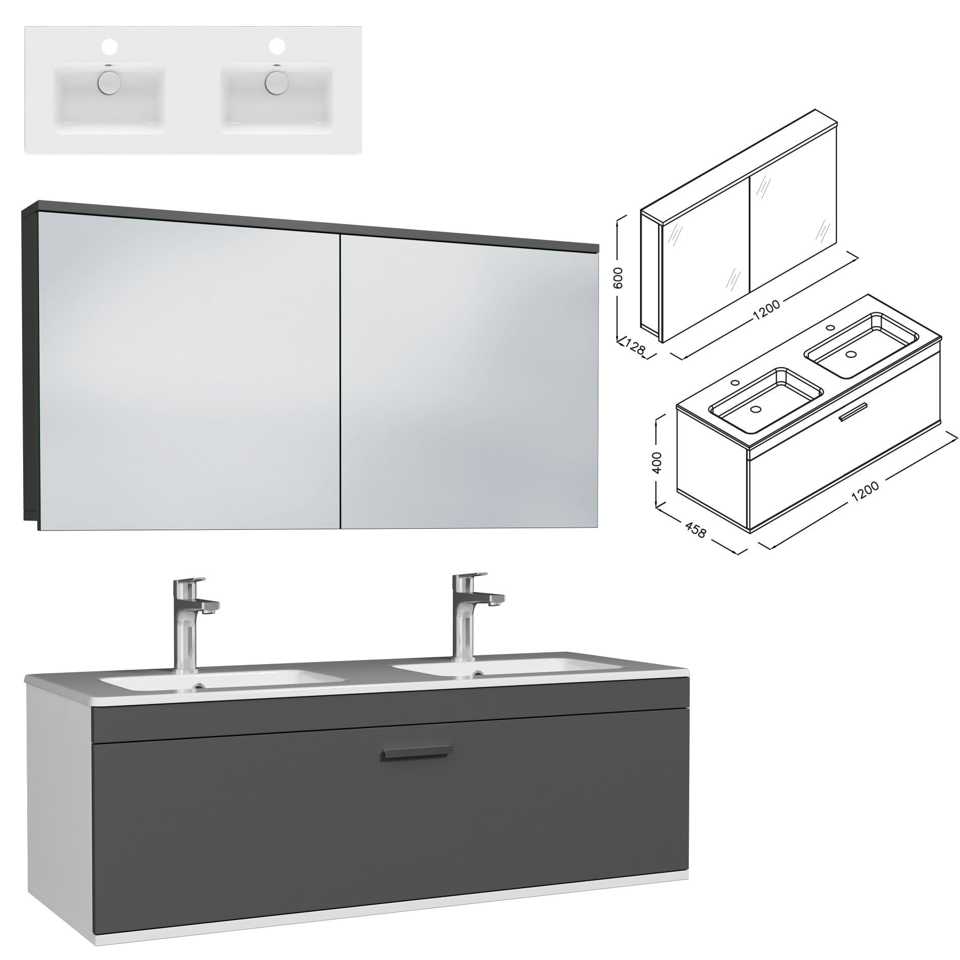 RUBITE Meuble salle de bain double vasque 1 tiroir gris anthracite largeur 120 cm + miroir armoire 2