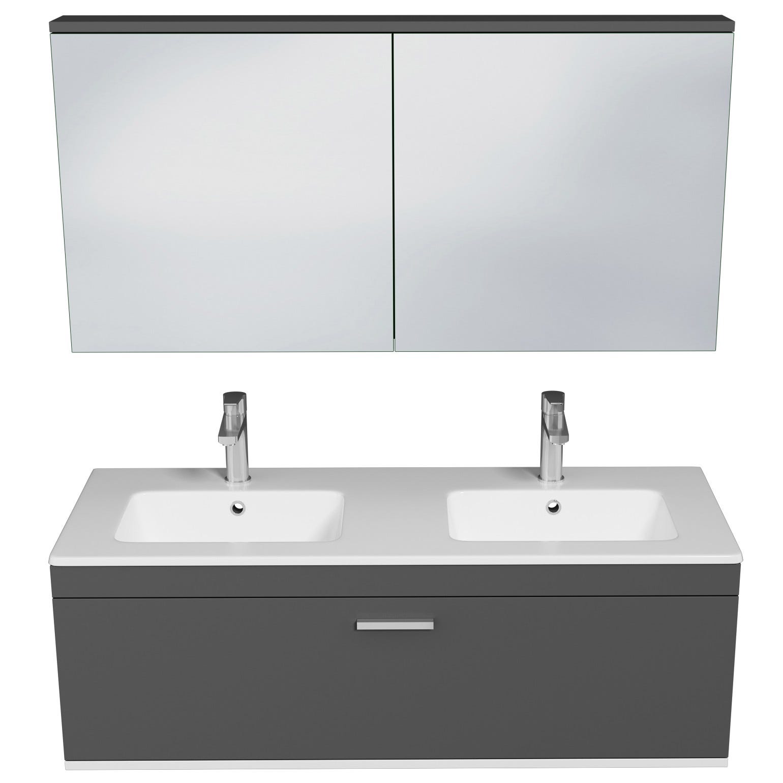RUBITE Meuble salle de bain double vasque 1 tiroir gris anthracite largeur 120 cm + miroir armoire 3