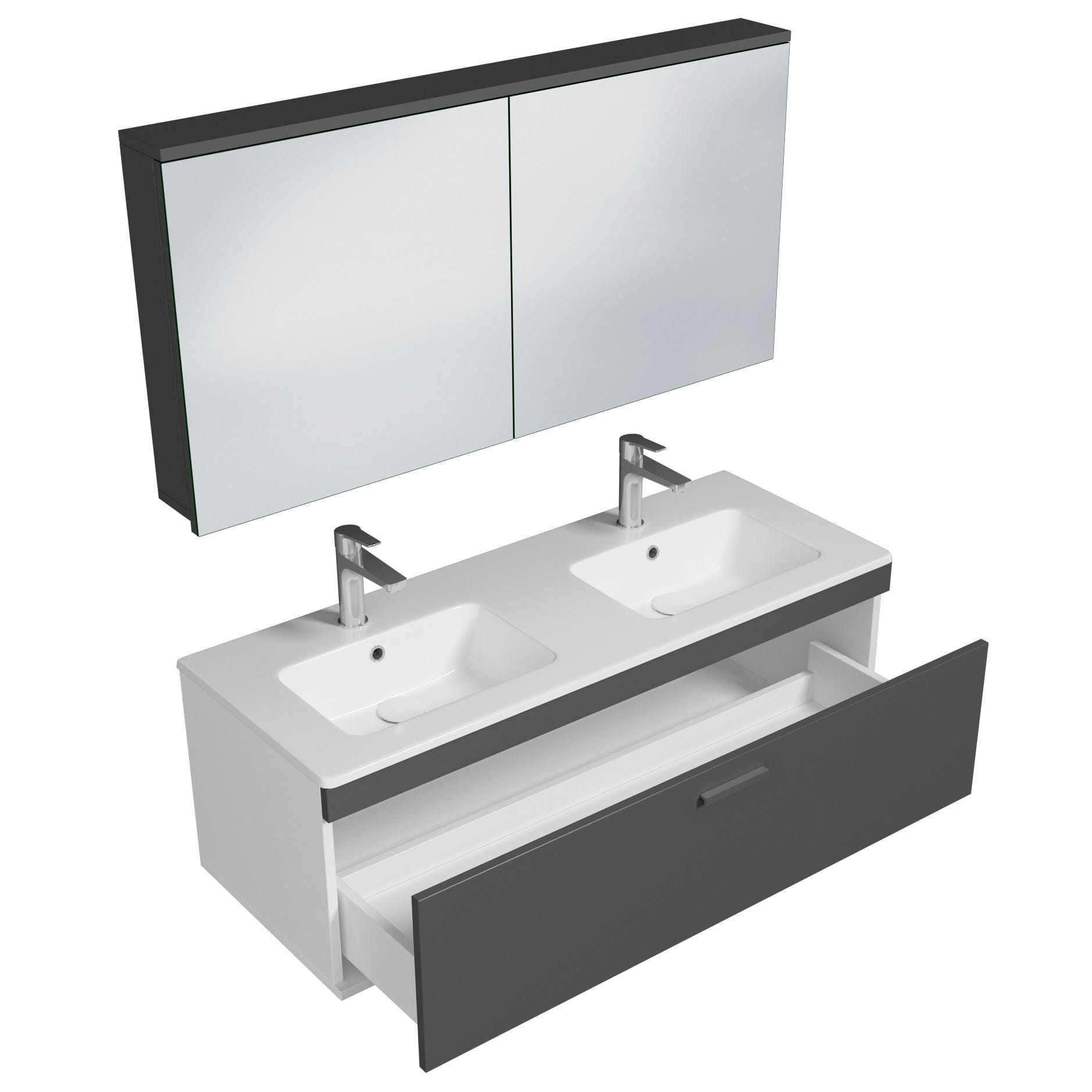 RUBITE Meuble salle de bain double vasque 1 tiroir gris anthracite largeur 120 cm + miroir armoire 1