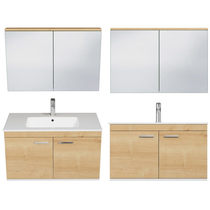 RUBITE Meuble salle de bain simple vasque 2 portes chêne clair largeur 90 cm + miroir armoire 3