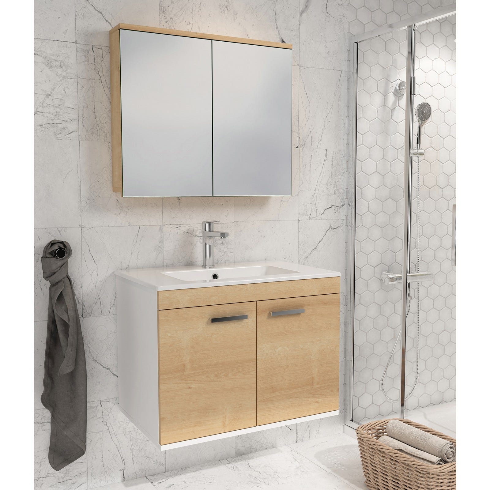 RUBITE Meuble salle de bain simple vasque 2 portes chêne clair largeur 90 cm + miroir armoire 4