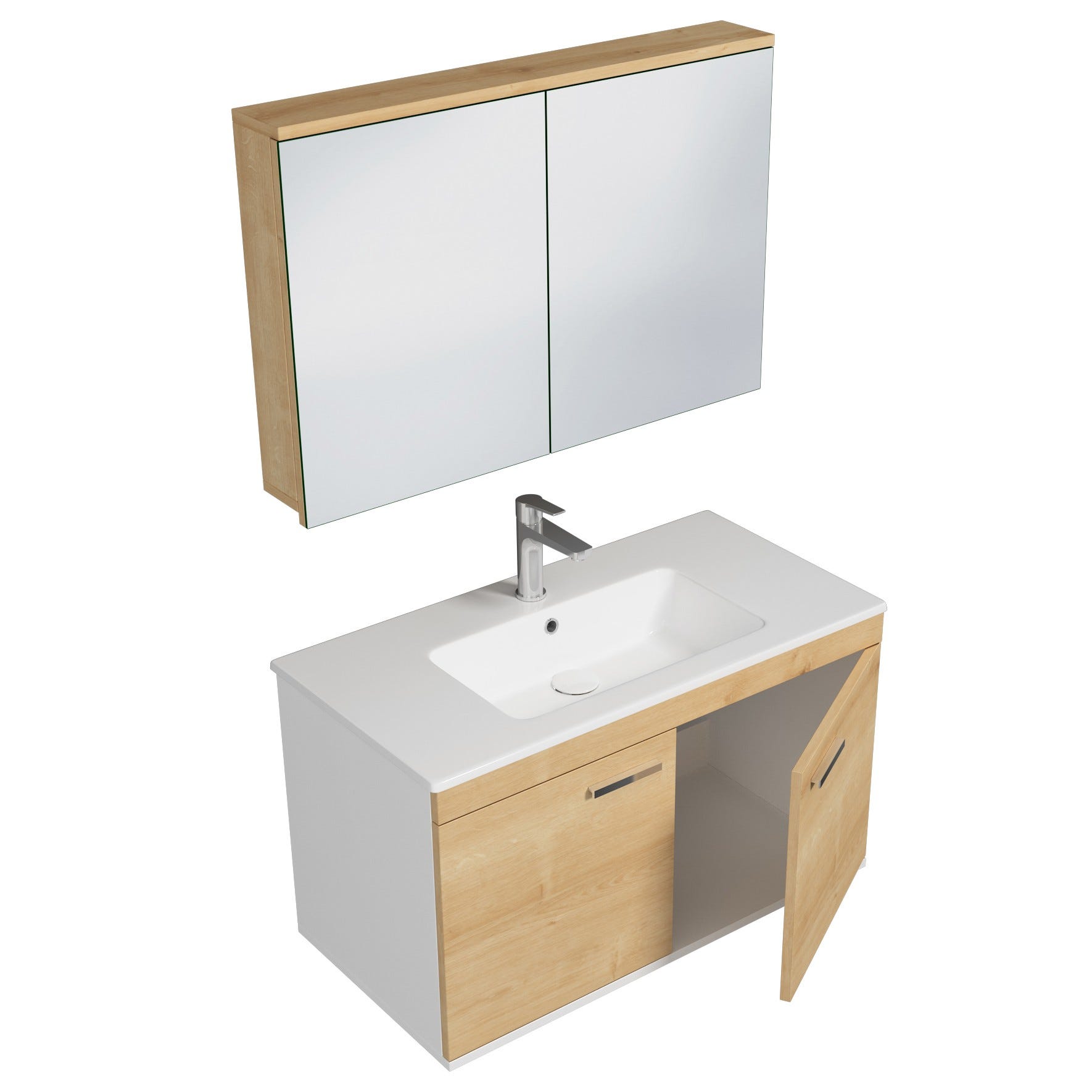 RUBITE Meuble salle de bain simple vasque 2 portes chêne clair largeur 90 cm + miroir armoire 1