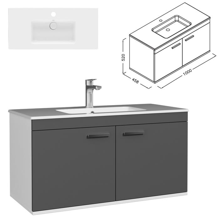 RUBITE Meuble salle de bain simple vasque 2 portes gris anthracite largeur 100 cm 2