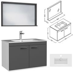 RUBITE Meuble salle de bain simple vasque 2 portes gris anthracite largeur 80 cm + miroir cadre 2