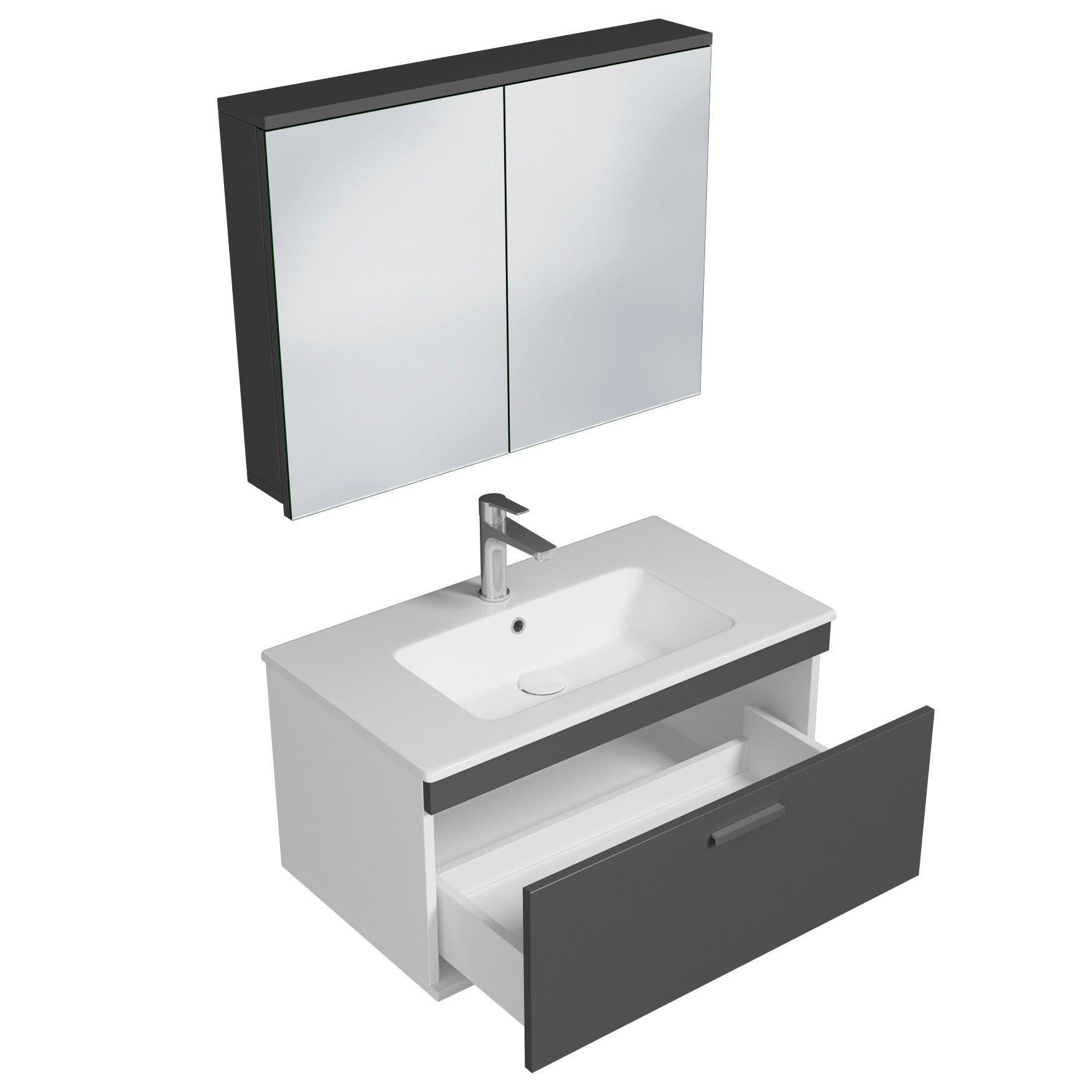 RUBITE Meuble salle de bain simple vasque 1 tiroir gris anthracite largeur 80 cm + miroir armoire 1
