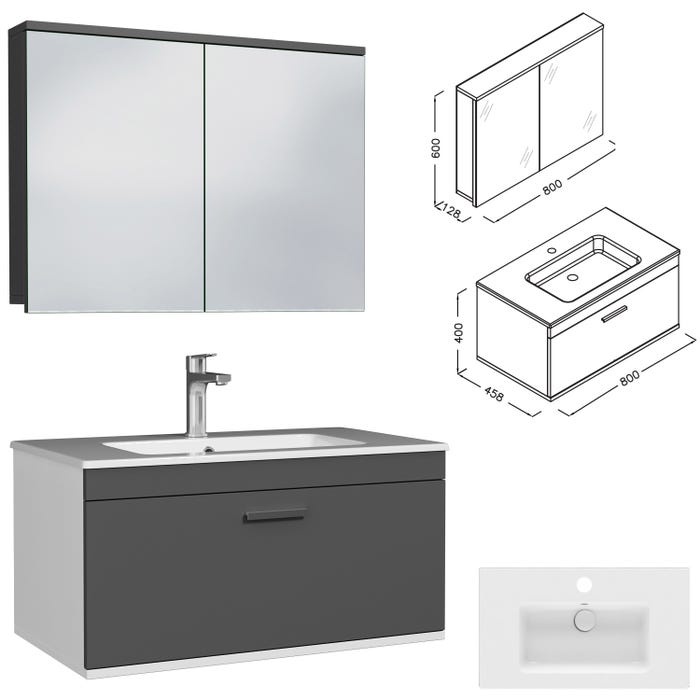 RUBITE Meuble salle de bain simple vasque 1 tiroir gris anthracite largeur 80 cm + miroir armoire 2