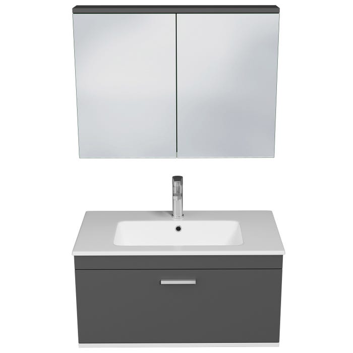 RUBITE Meuble salle de bain simple vasque 1 tiroir gris anthracite largeur 80 cm + miroir armoire 3