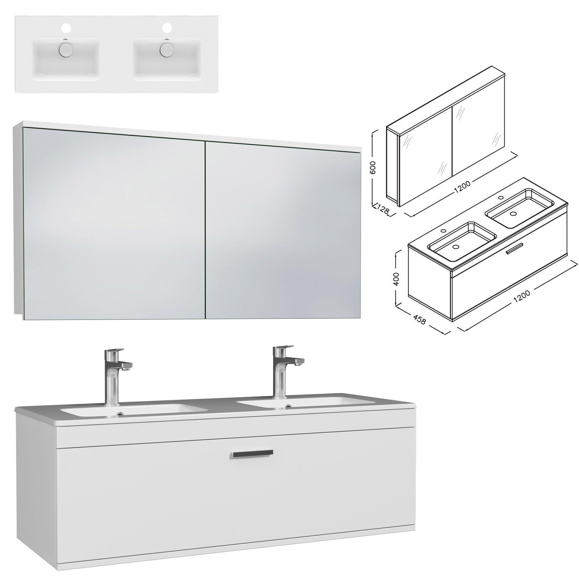 RUBITE Meuble salle de bain double vasque 1 tiroir blanc largeur 120 cm + miroir armoire 2