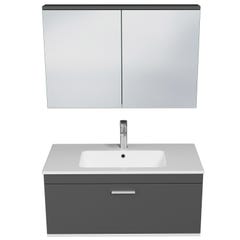 RUBITE Meuble salle de bain simple vasque 1 tiroir gris anthracite largeur 100 cm + miroir armoire 3