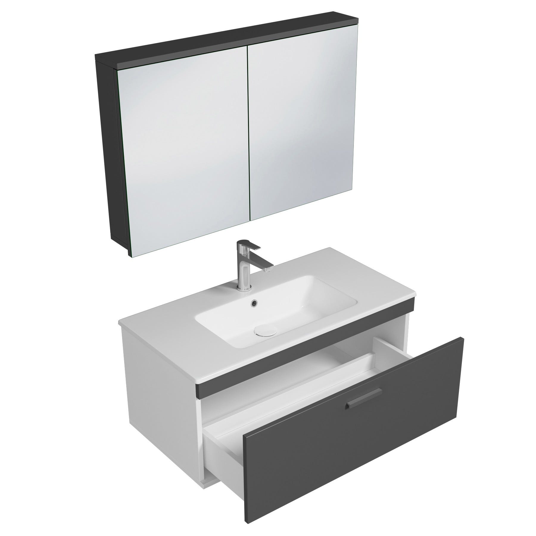 RUBITE Meuble salle de bain simple vasque 1 tiroir gris anthracite largeur 100 cm + miroir armoire 1