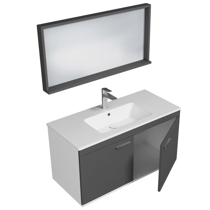 RUBITE Meuble salle de bain simple vasque 2 portes gris anthracite largeur 100 cm + miroir cadre 1