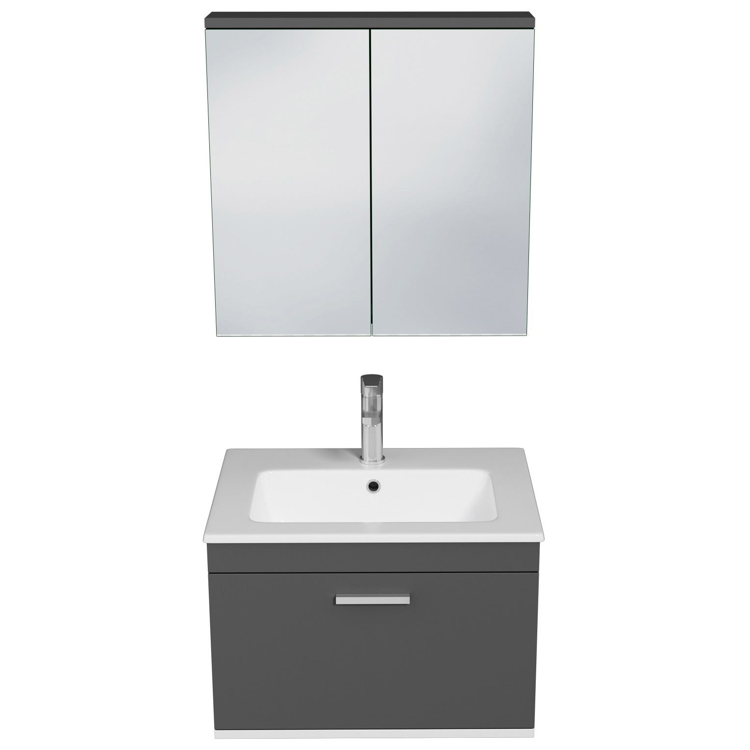 RUBITE Meuble salle de bain simple vasque 1 tiroir gris anthracite largeur 60 cm + miroir armoire 3