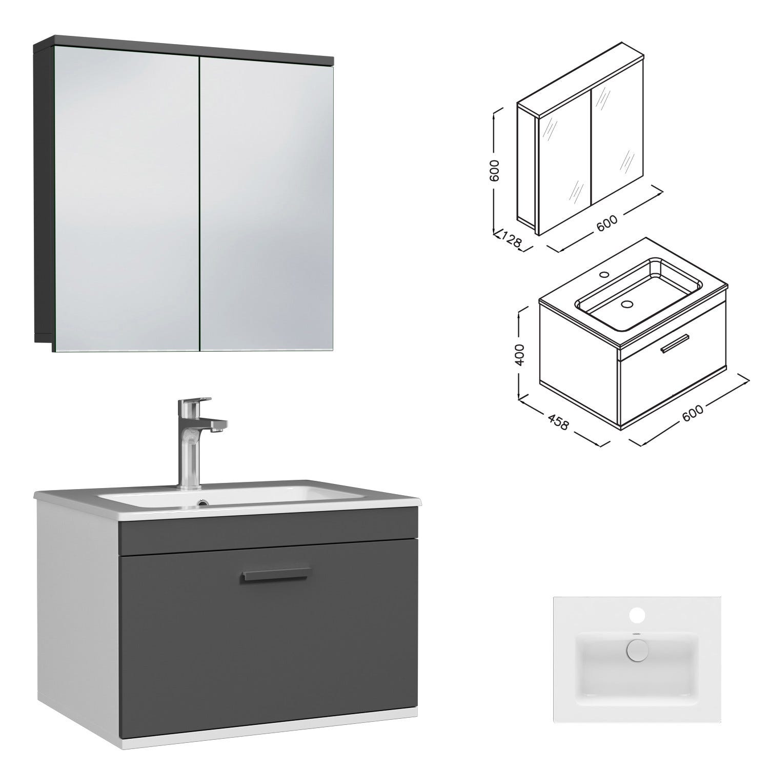RUBITE Meuble salle de bain simple vasque 1 tiroir gris anthracite largeur 60 cm + miroir armoire 2