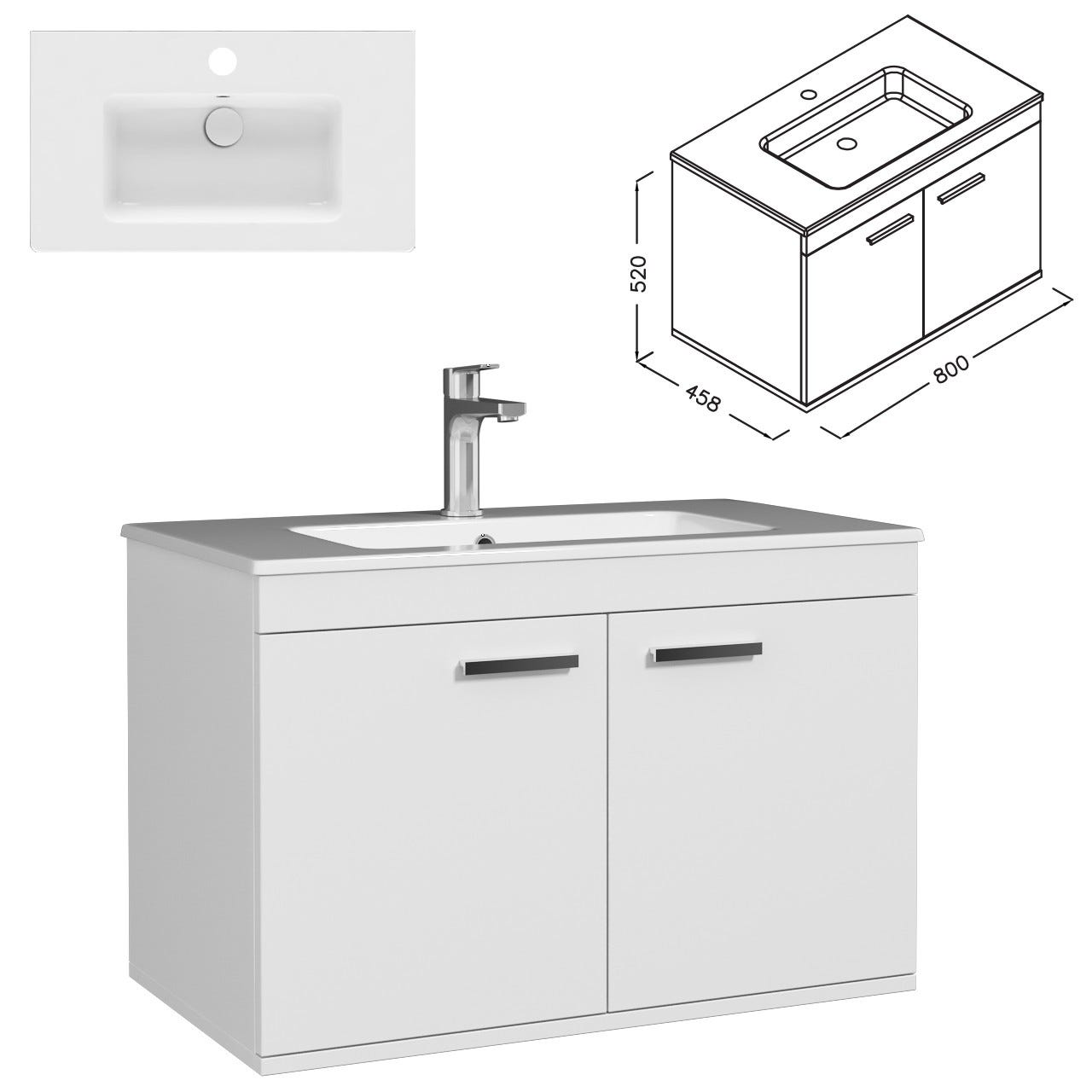 RUBITE Meuble salle de bain simple vasque 2 portes blanc largeur 80 cm 2