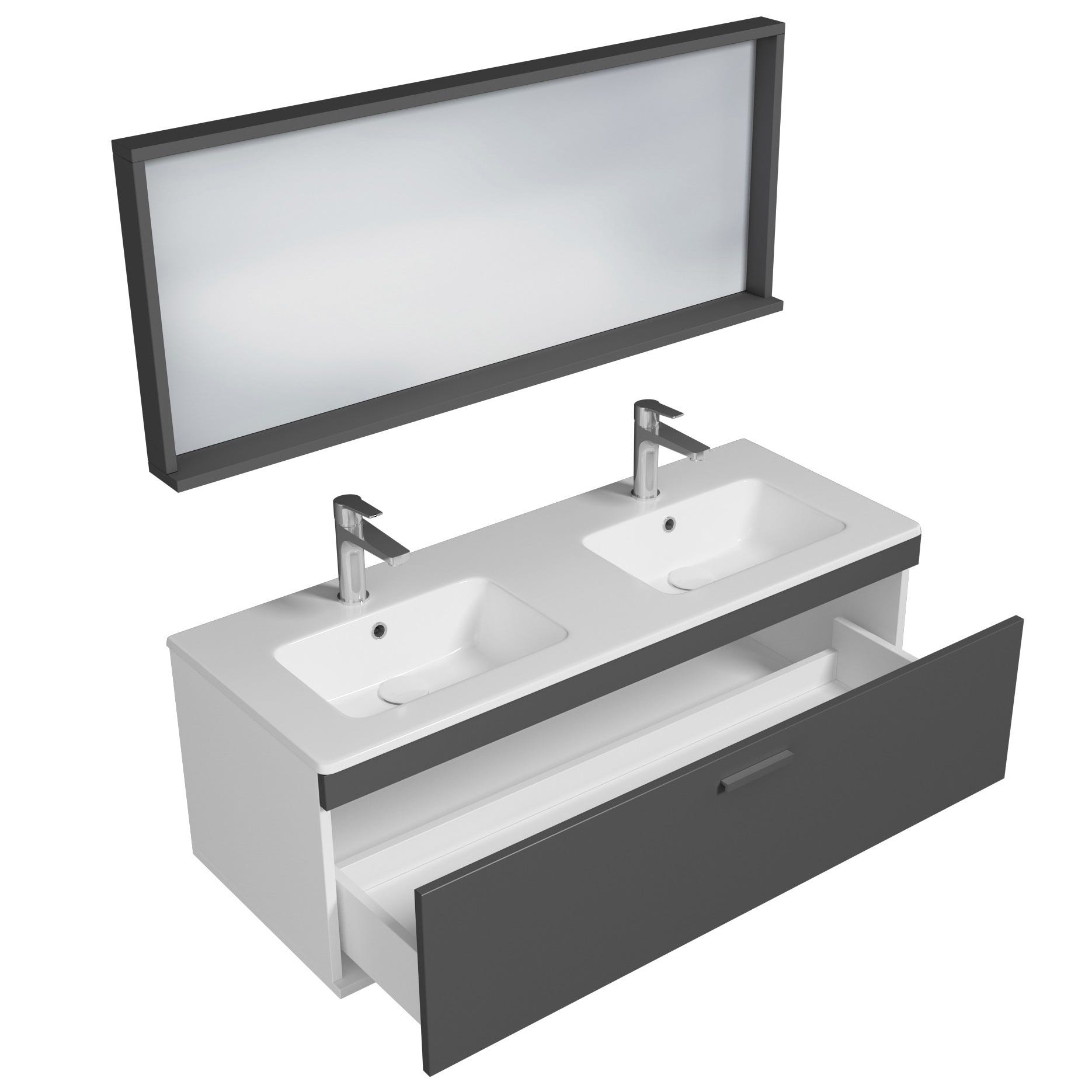 RUBITE Meuble salle de bain double vasque 1 tiroir gris anthracite largeur 120 cm + miroir cadre 1