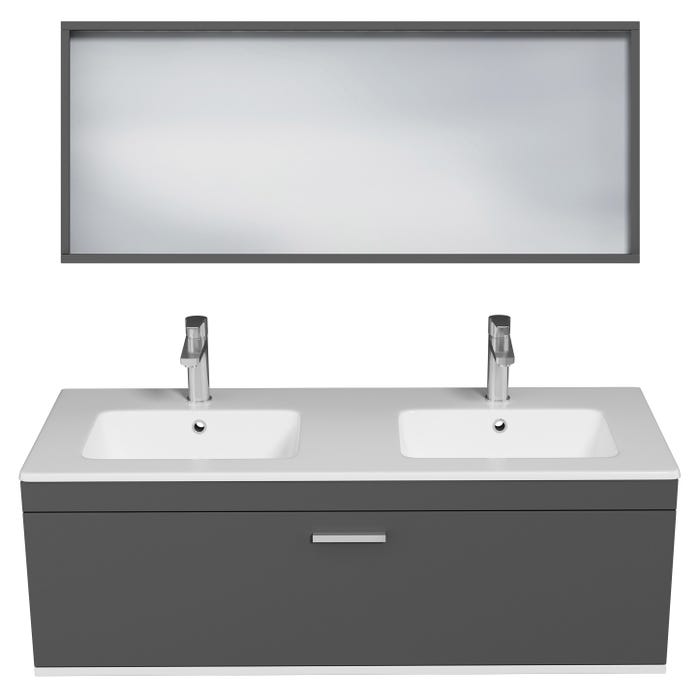 RUBITE Meuble salle de bain double vasque 1 tiroir gris anthracite largeur 120 cm + miroir cadre 3